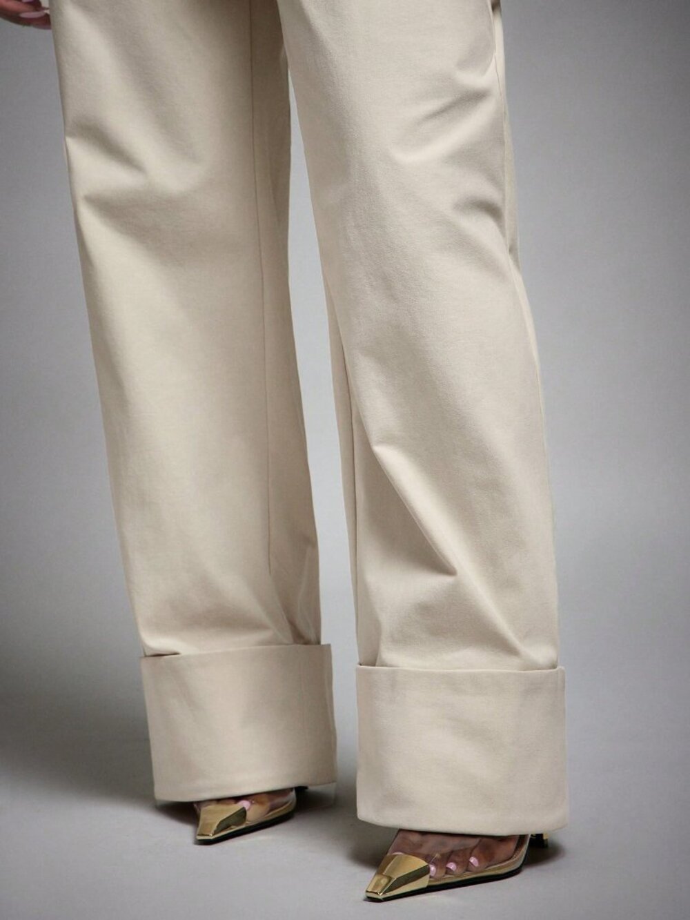 Beige Casual Women's High Waist Fold Over Cuffed Hem Barrel Leg Trousers - Picture 4 of 5